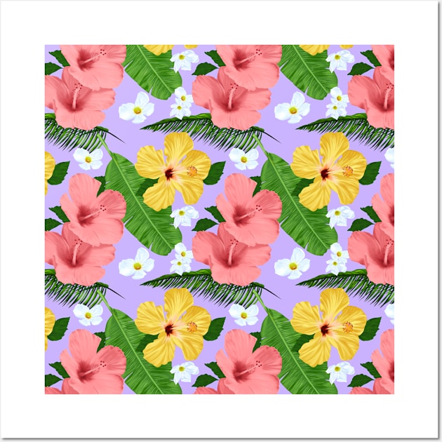 Tropical Hibiscus and Palm Fronds in Purple Wall Art by ChaneyAtelier